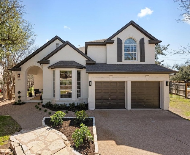 view of front of home with a shingled roof, driveway, an attached garage, and fence