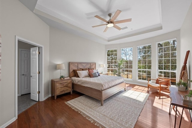 bedroom with multiple windows, a tray ceiling, and dark wood-type flooring