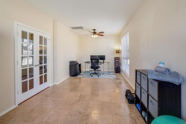 office area featuring a ceiling fan, french doors, visible vents, and baseboards