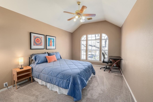 bedroom with lofted ceiling, visible vents, a ceiling fan, baseboards, and carpet