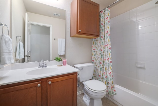 full bath featuring shower / bath combination with curtain, visible vents, toilet, vanity, and tile patterned floors