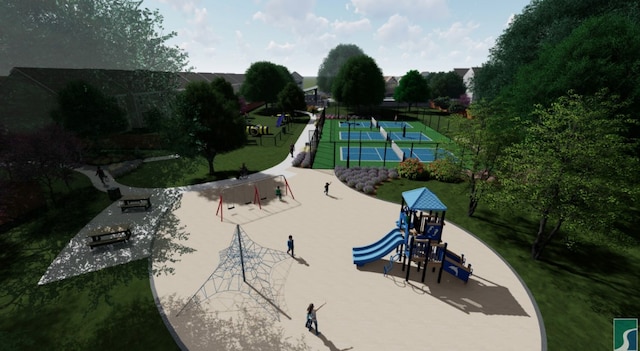 view of property's community with playground community, a tennis court, and fence