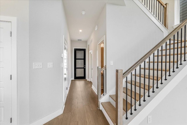 842 Nadal Path, Round Rock, TX 78664 - entryway featuring wood finished floors, recessed lighting, baseboards, and stairs