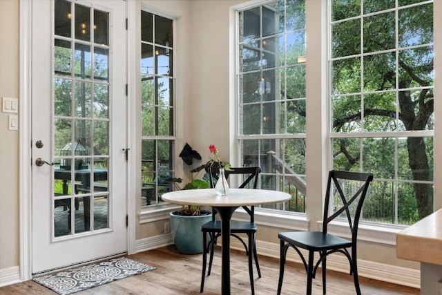 doorway with baseboards and wood finished floors