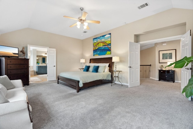 bedroom with ceiling fan, carpet floors, visible vents, baseboards, and vaulted ceiling