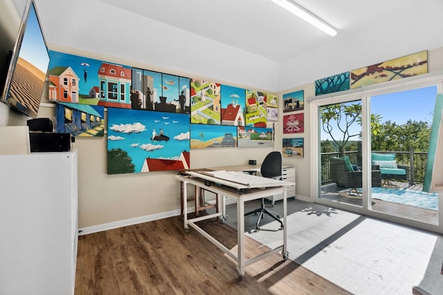 office featuring wood finished floors and baseboards