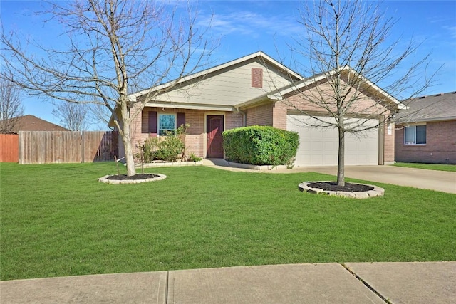 ranch-style house featuring a garage, brick siding, fence, concrete driveway, and a front yard