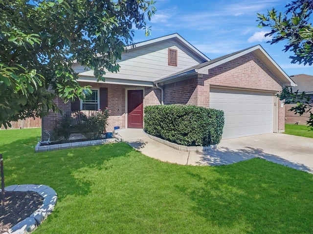 ranch-style home featuring a front yard, brick siding, driveway, and an attached garage