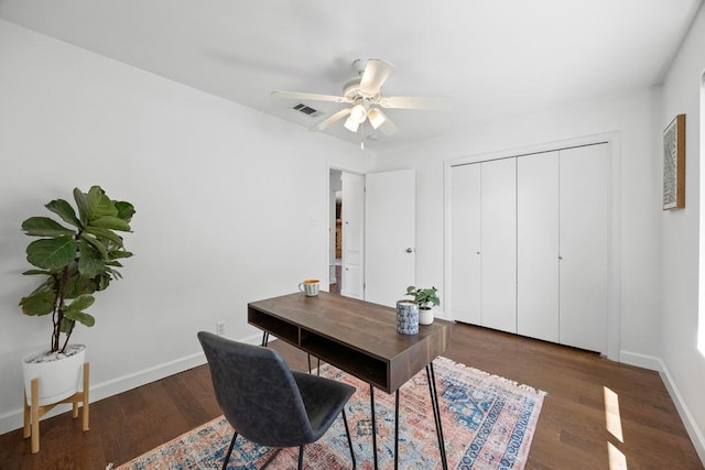 home office featuring a ceiling fan, visible vents, baseboards, and wood finished floors