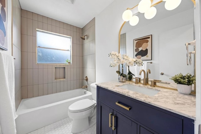 full bath with shower / bath combination, tile patterned flooring, vanity, and toilet