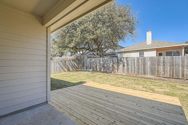 deck with a fenced backyard and a yard