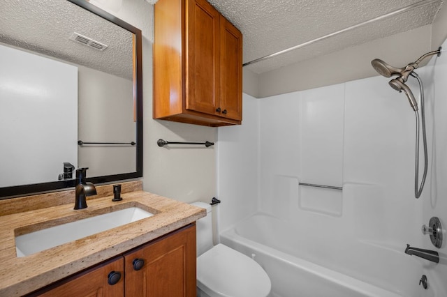 full bath featuring a textured ceiling, shower / bath combination, and visible vents