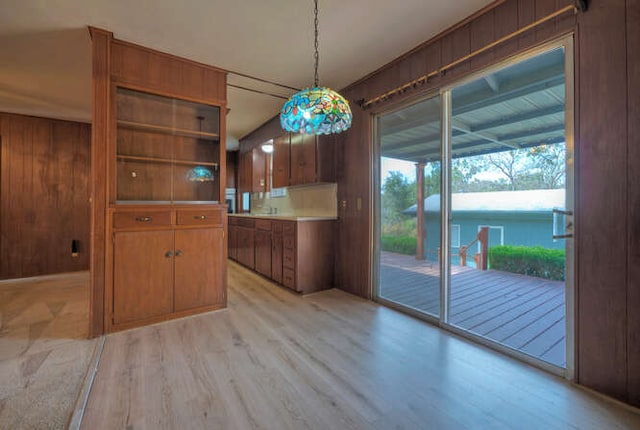 5600 Lakeview Dr, Austin, TX 78734 - interior space featuring brown cabinets, wood walls, light wood-style flooring, and pendant lighting