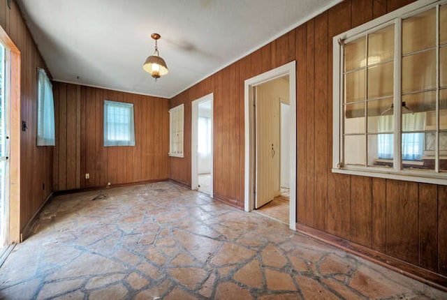 unfurnished room featuring baseboards, stone finish flooring, and wooden walls