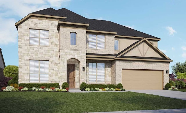 view of front of home featuring driveway, brick siding, a shingled roof, and a front yard