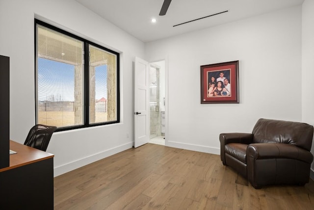 office space with ceiling fan, baseboards, wood finished floors, and recessed lighting