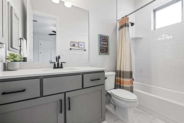 bathroom featuring marble finish floor, visible vents, toilet, shower / bath combo, and vanity