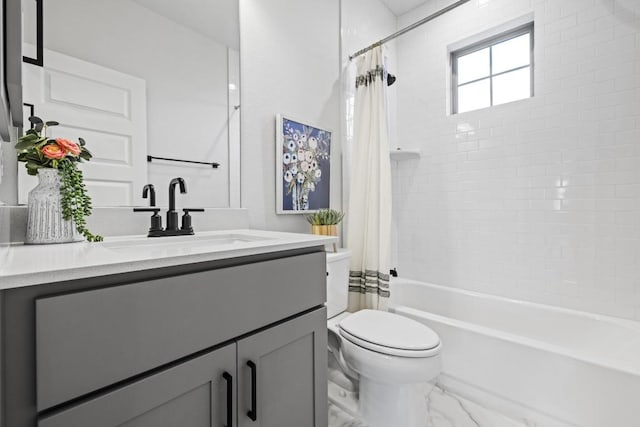 full bath with marble finish floor, vanity, toilet, and shower / bathtub combination with curtain