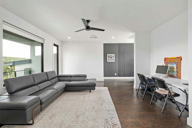 living room with ceiling fan, recessed lighting, dark wood-style flooring, visible vents, and baseboards