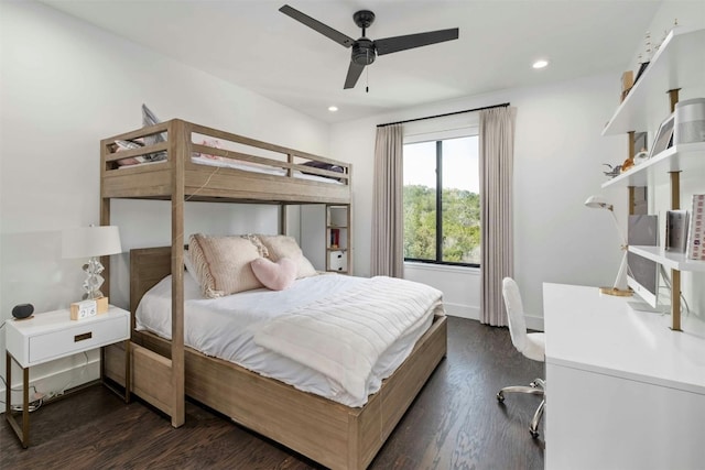 bedroom with baseboards, ceiling fan, dark wood finished floors, and recessed lighting