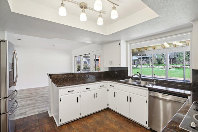 kitchen with dark countertops, a peninsula, a tray ceiling, stainless steel appliances, and a sink