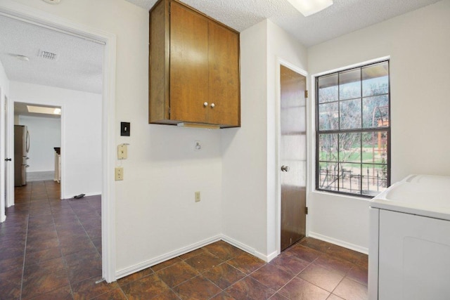 laundry area with washer / clothes dryer, cabinet space, plenty of natural light, and a textured ceiling