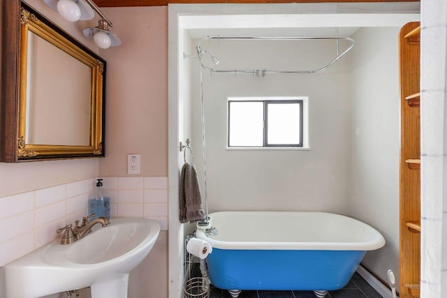 bathroom featuring a sink and a freestanding bath