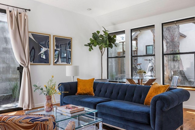 living area featuring lofted ceiling, plenty of natural light, wood finished floors, and baseboards