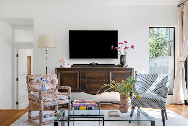 living area with ornamental molding and wood finished floors