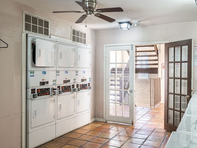 interior space featuring a ceiling fan, visible vents, stacked washer / drying machine, french doors, and independent washer and dryer