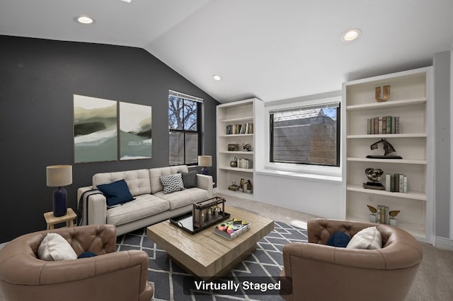 carpeted living room featuring recessed lighting, lofted ceiling, and built in shelves