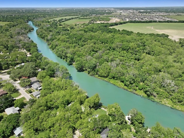 bird's eye view featuring a forest view and a water view