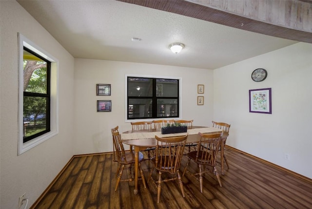 dining room featuring a textured ceiling, wood finished floors, and baseboards