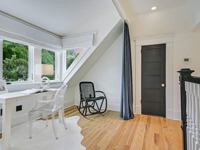 office with light wood finished floors, recessed lighting, and baseboards