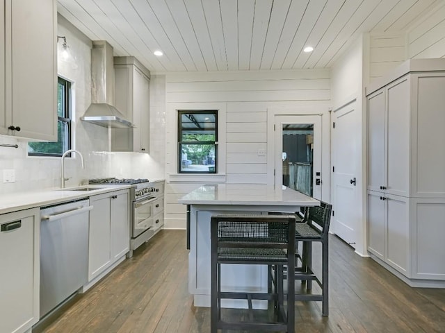 kitchen featuring wood ceiling, dark wood-style flooring, stainless steel appliances, wall chimney range hood, and a sink