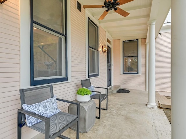 view of patio / terrace featuring a ceiling fan, covered porch, and visible vents