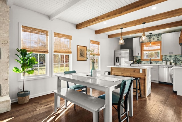 dining area featuring baseboards, dark wood finished floors, beamed ceiling, and recessed lighting