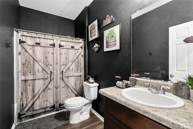 bathroom featuring a textured wall, vanity, wood finished floors, and toilet