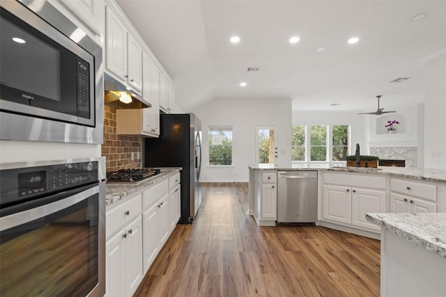 kitchen featuring a premium fireplace, wood finished floors, stainless steel appliances, under cabinet range hood, and a sink