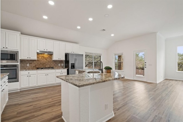 kitchen with decorative backsplash, light wood-style floors, stainless steel appliances, under cabinet range hood, and a sink