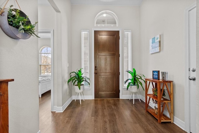 entryway with baseboards and wood finished floors