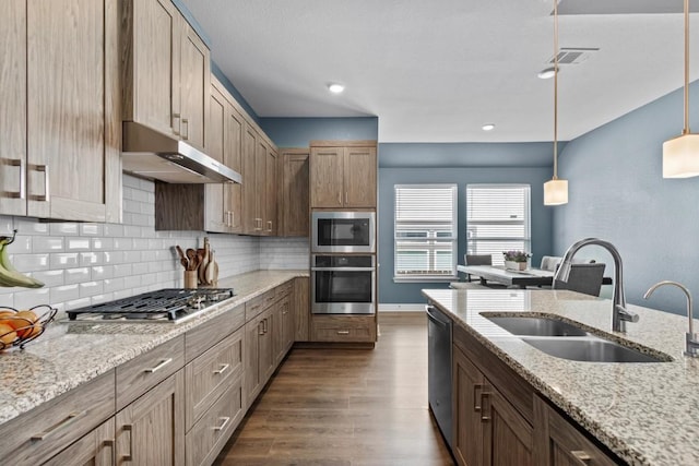 kitchen with tasteful backsplash, dark wood-style flooring, stainless steel appliances, under cabinet range hood, and a sink