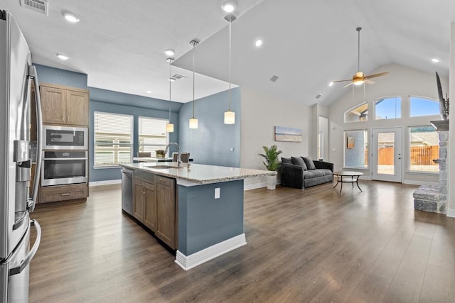 kitchen with dark wood-type flooring, stainless steel appliances, a sink, and open floor plan