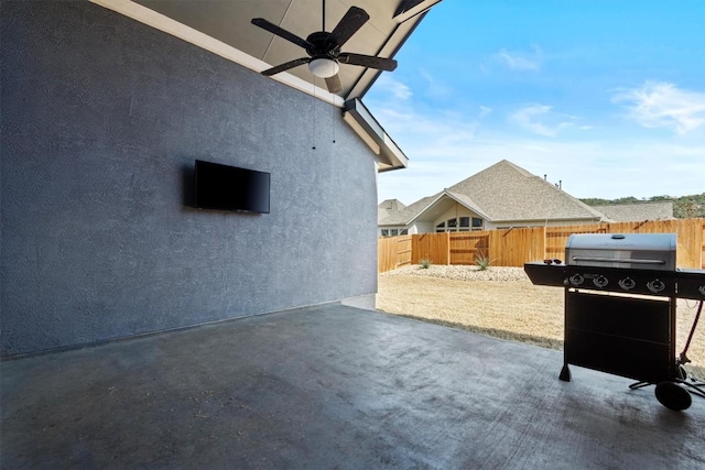 view of patio / terrace featuring ceiling fan, fence, and area for grilling