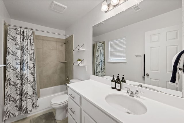 full bath with toilet, shower / bathtub combination with curtain, visible vents, and vanity