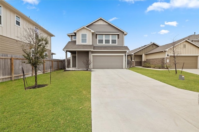 view of front of property with concrete driveway, fence, a front lawn, and an attached garage