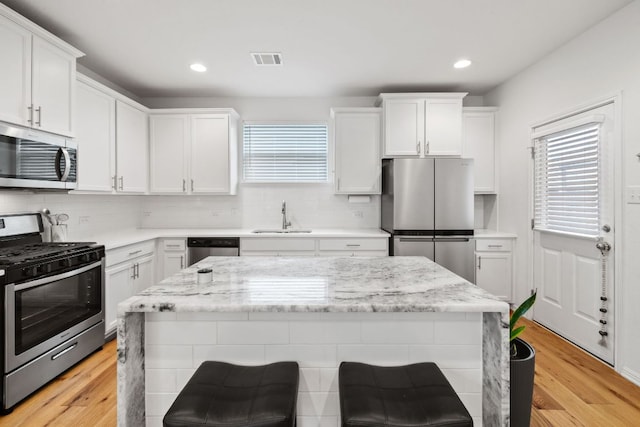 kitchen with a sink, visible vents, white cabinetry, appliances with stainless steel finishes, and decorative backsplash