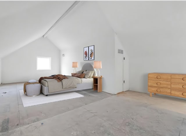 unfurnished bedroom featuring concrete flooring and vaulted ceiling with beams