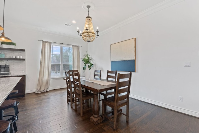 dining space with baseboards, dark wood-type flooring, and crown molding