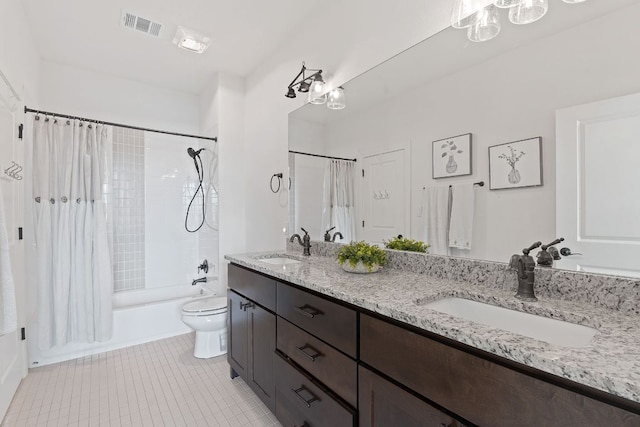 bathroom with shower / bath combination with curtain, visible vents, a sink, and toilet